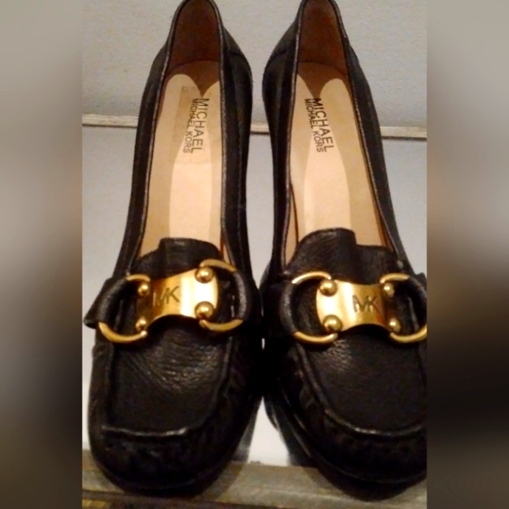 MICHAEL KORS Black Genuine Leather Wedges Size 9 NWT